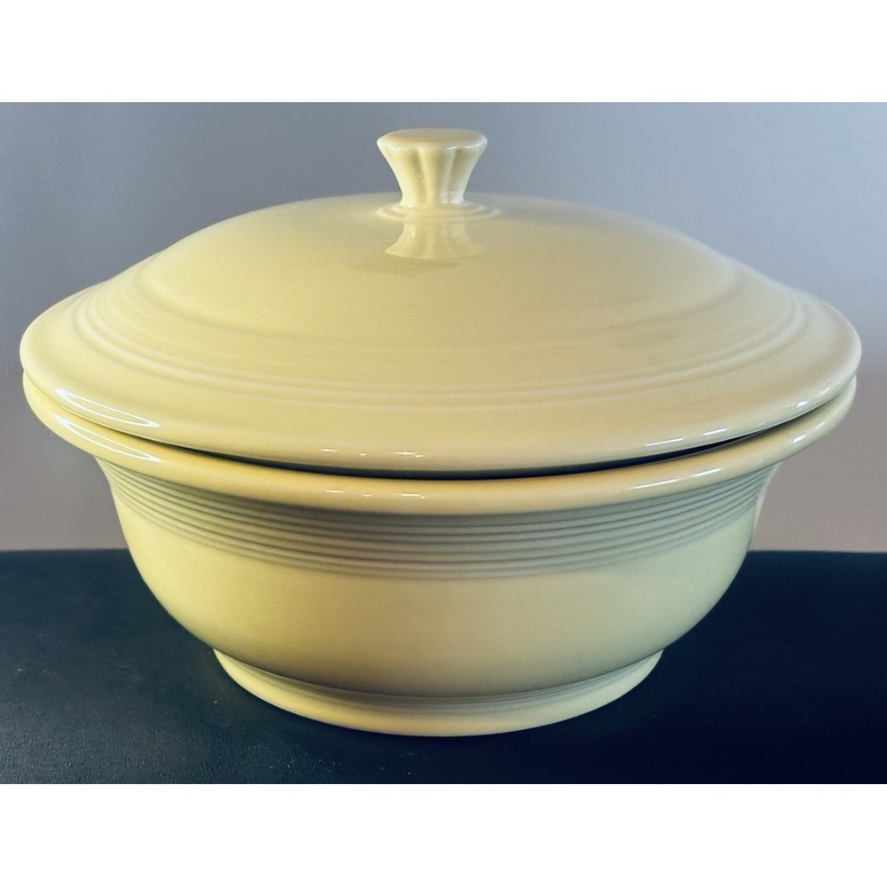 Vintage Fiesta Ware Pale Yellow Casserole Covered Dish Bowl HLC Retired Made USA